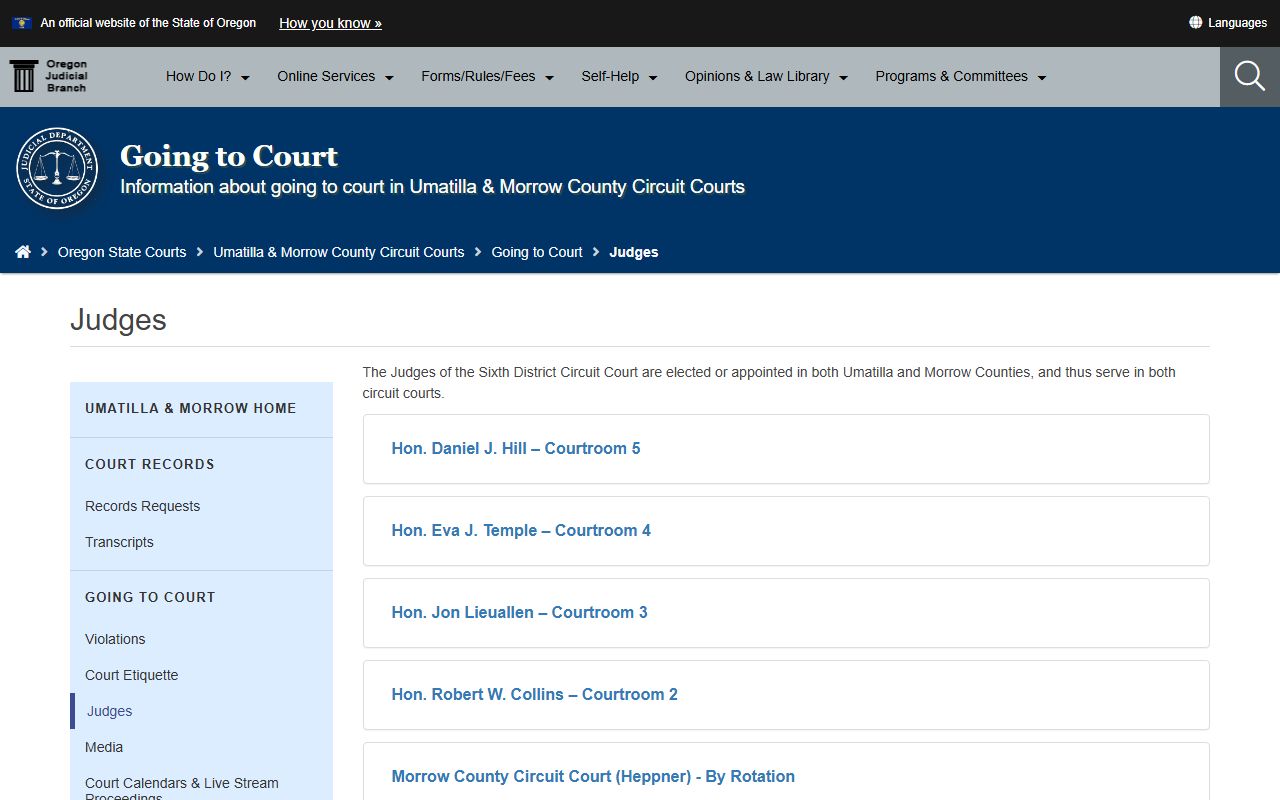 Umatilla County Circuit Court judge assignments for court records