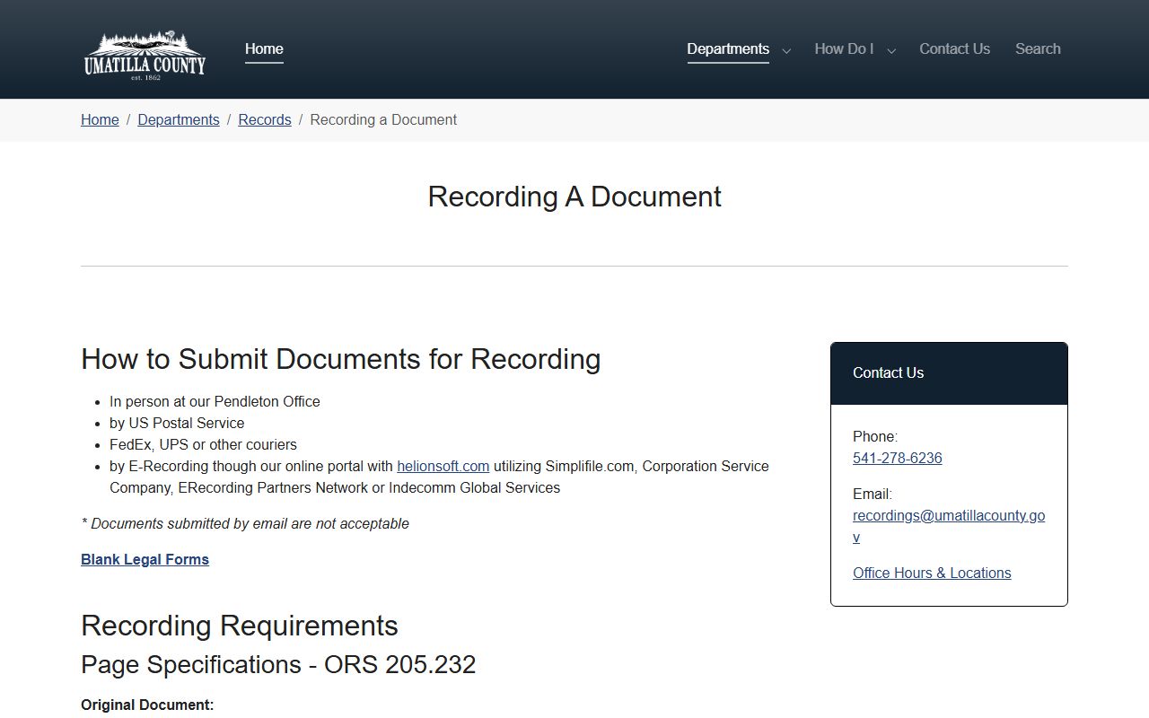 Umatilla County Records Office recording requirements and copy fees