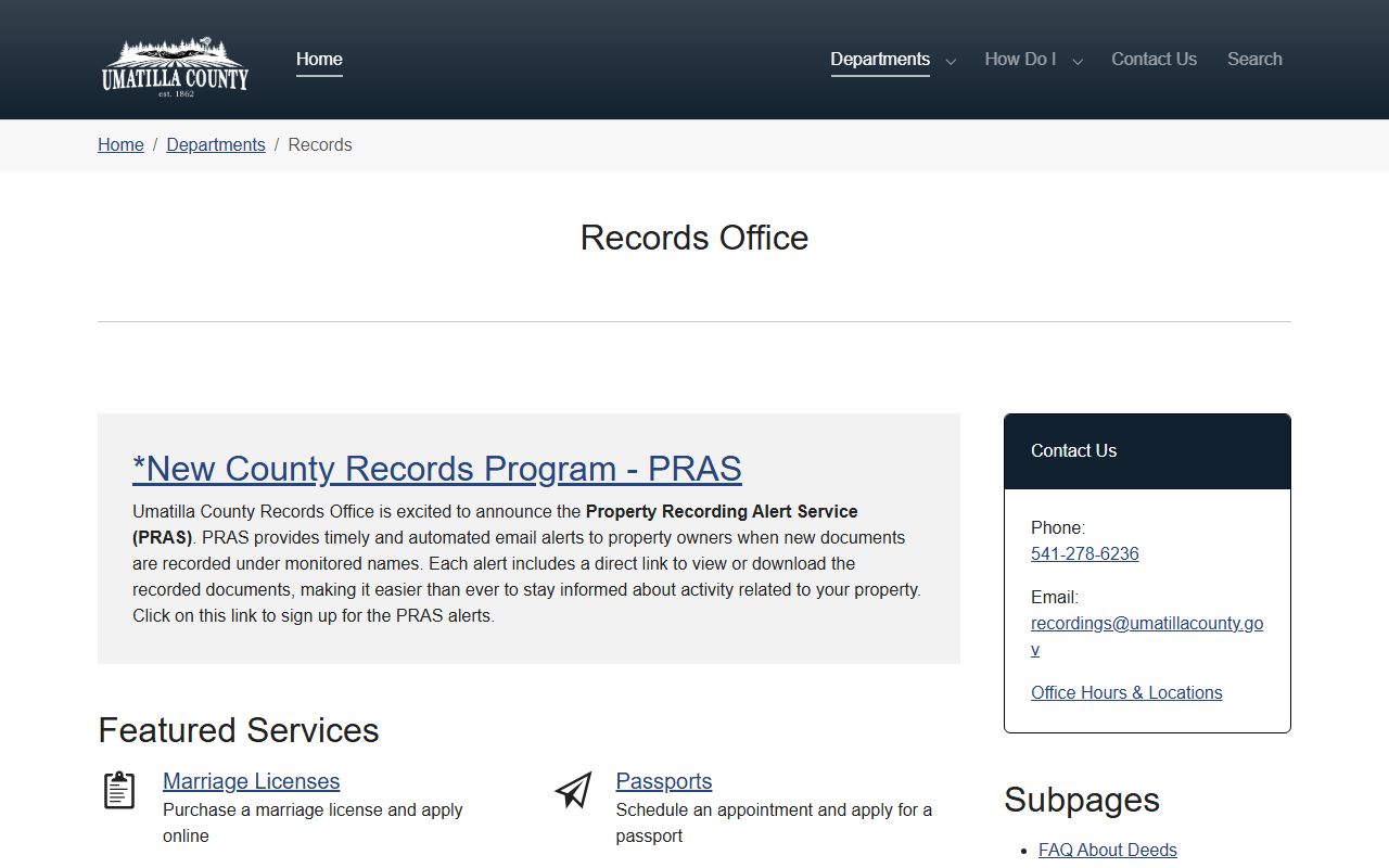 Umatilla County Records Office services and county records