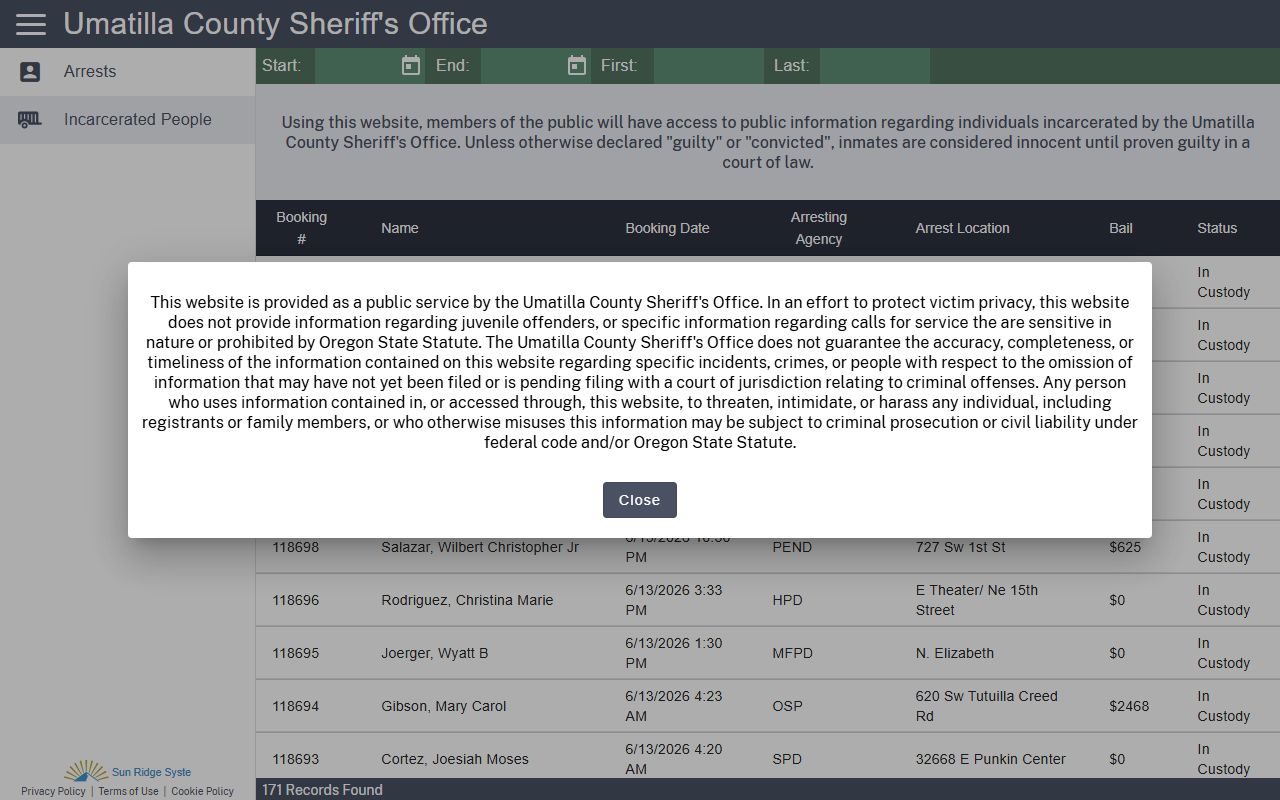 Umatilla County arrest records Citizen RIMS incarcerated person lookup
