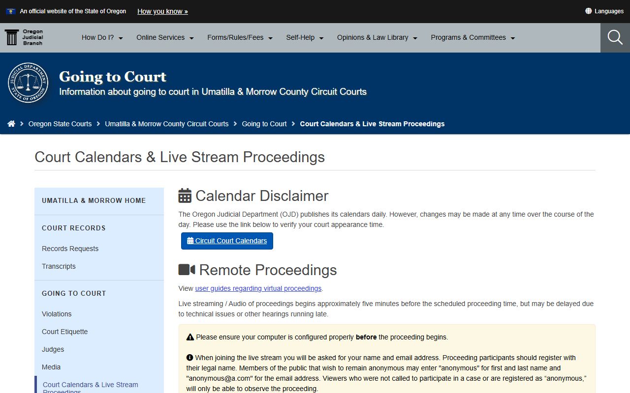 Umatilla County court dockets local calendars and WebEx access page