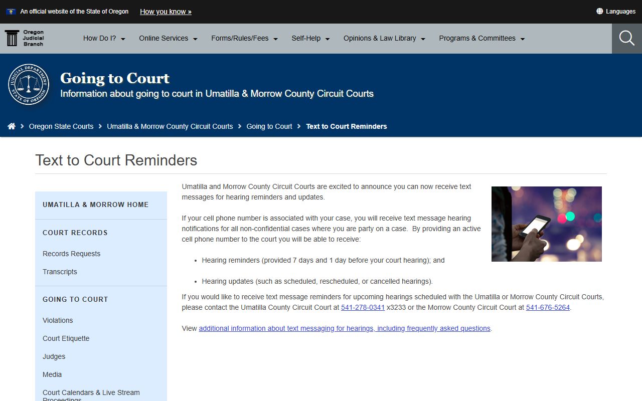 Umatilla County court dockets text message hearing reminders page