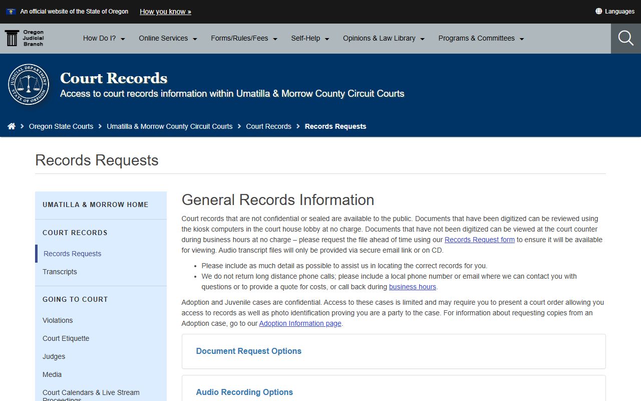 Umatilla County court records local Circuit Court records request instructions