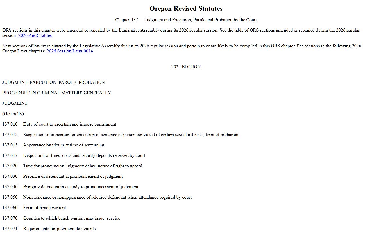 Umatilla County criminal court records ORS Chapter 137 sentencing statutes