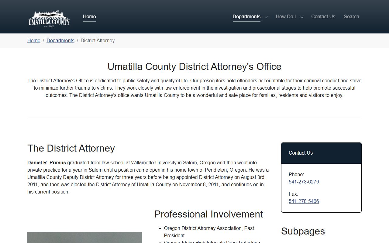 Umatilla County criminal court records District Attorney page