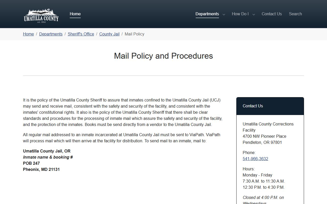 Umatilla County inmate search jail mail policy
