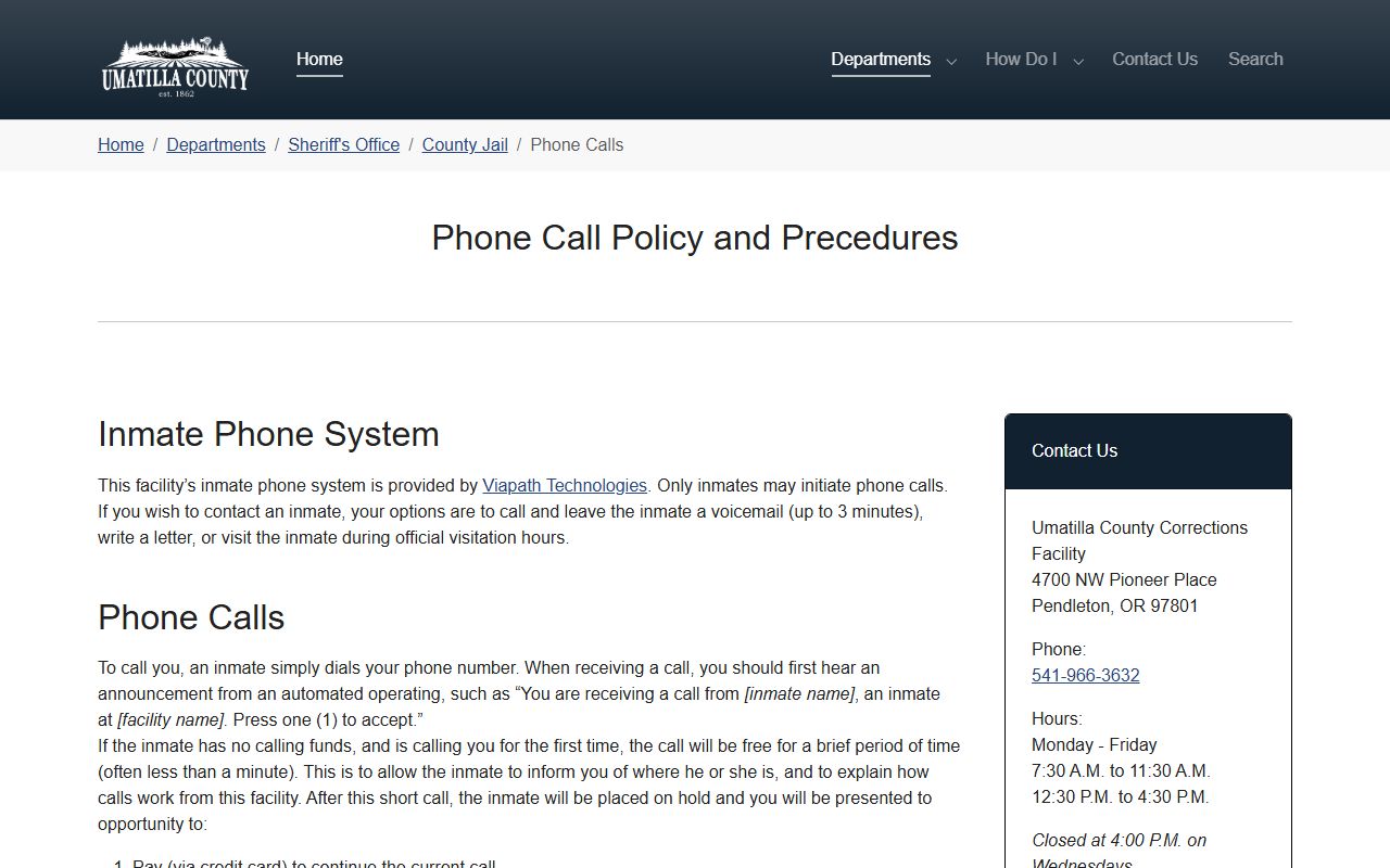 Umatilla County inmate records jail phone and tablet instructions