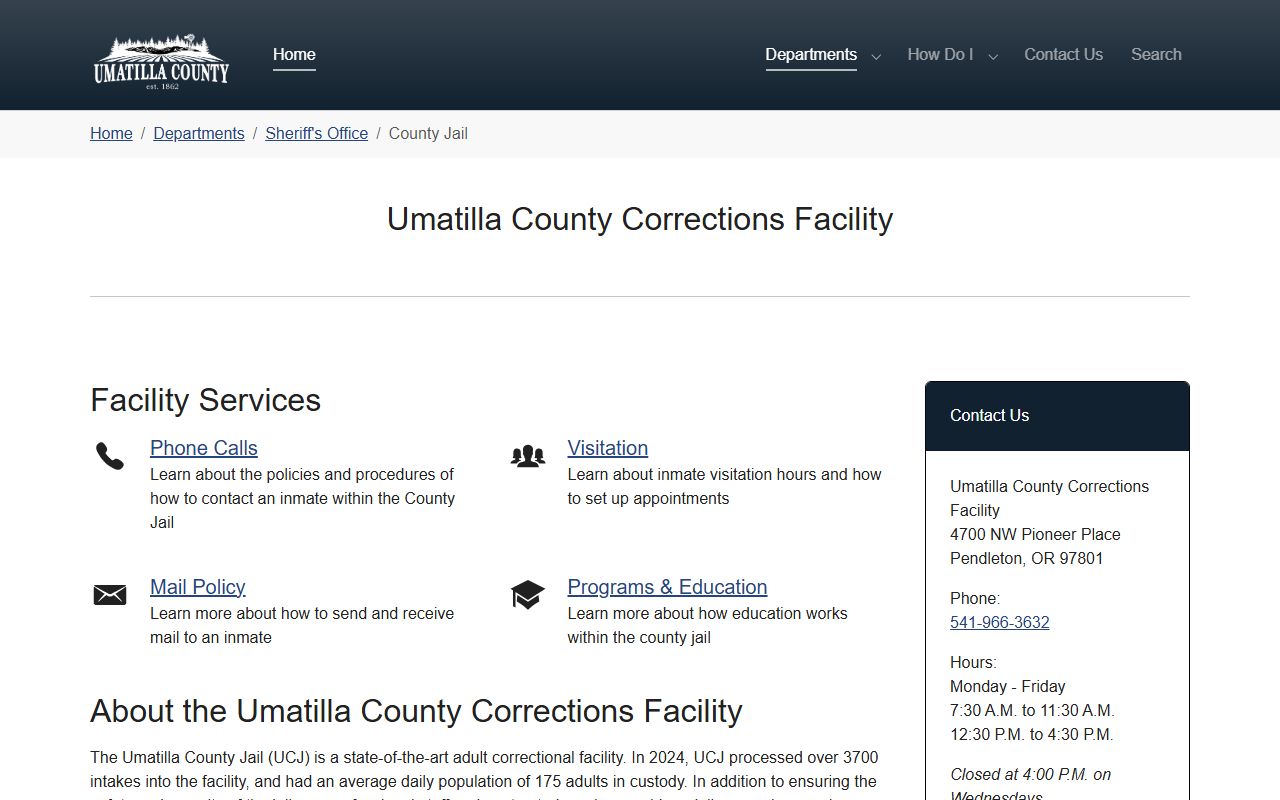Umatilla County inmate search jail overview page