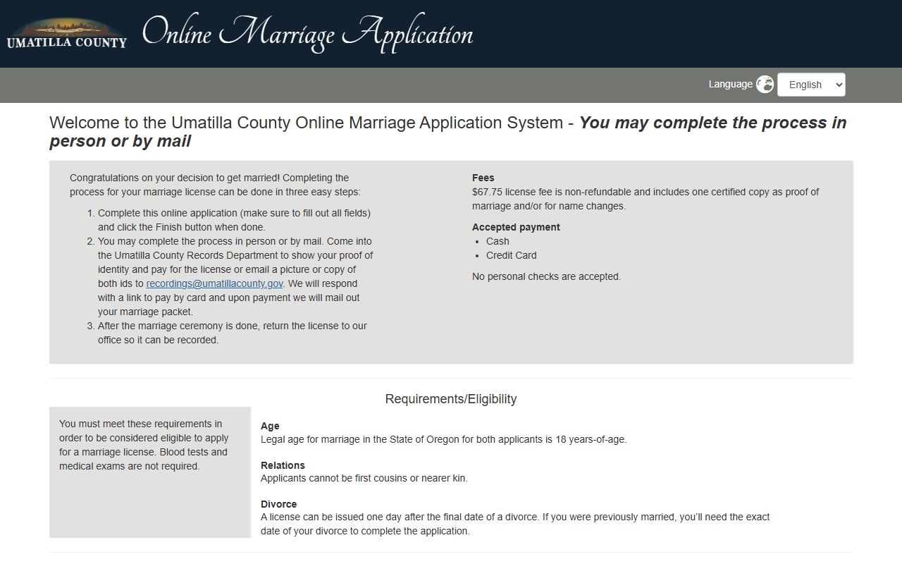 Umatilla County marriage records online marriage application system