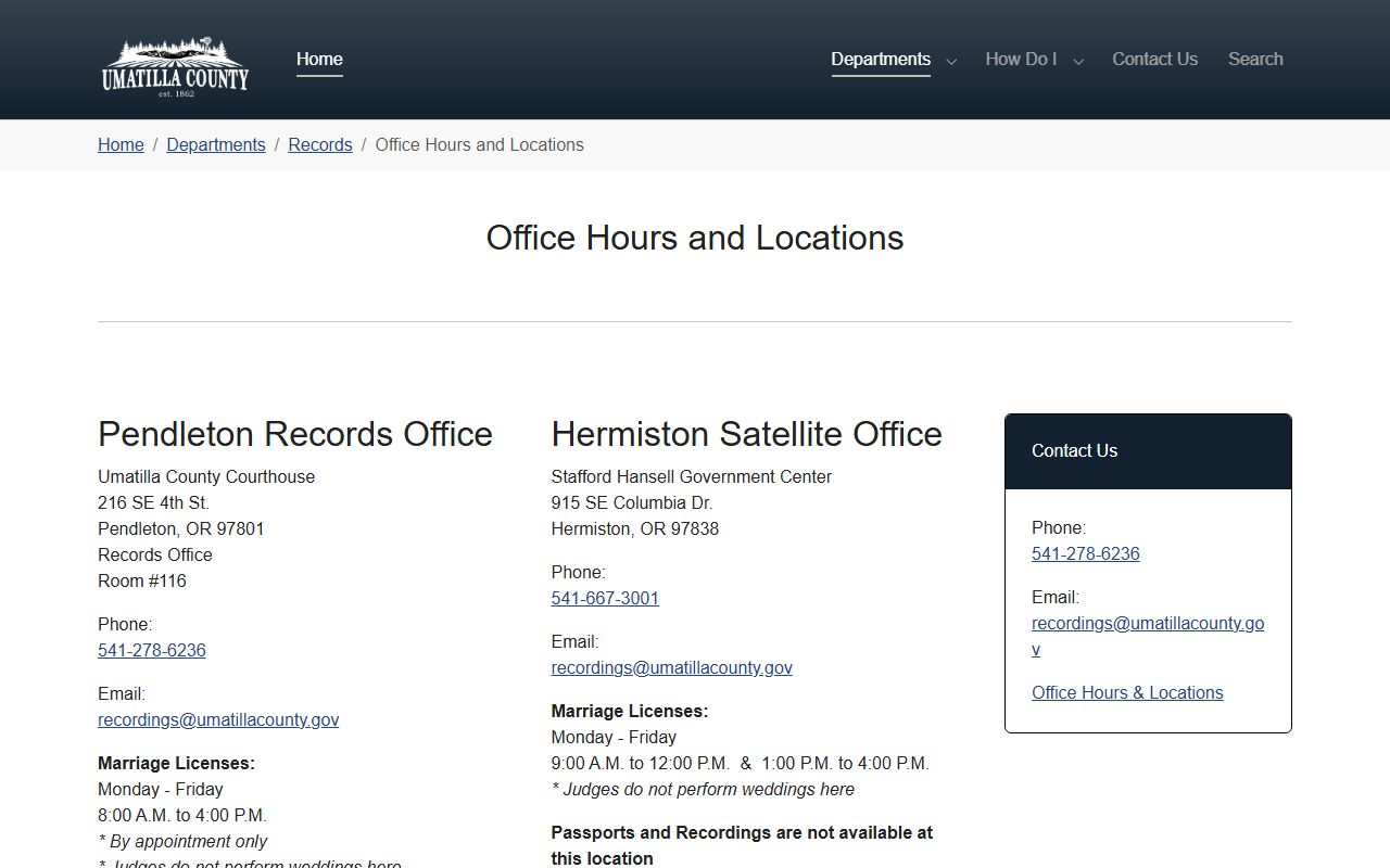 Umatilla County marriage records Records Office hours and locations