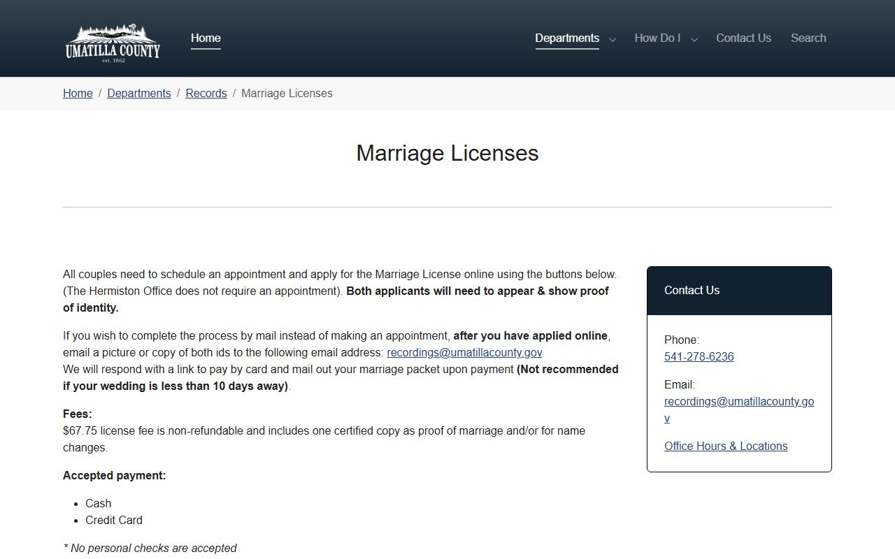 Umatilla County marriage records marriage license instructions