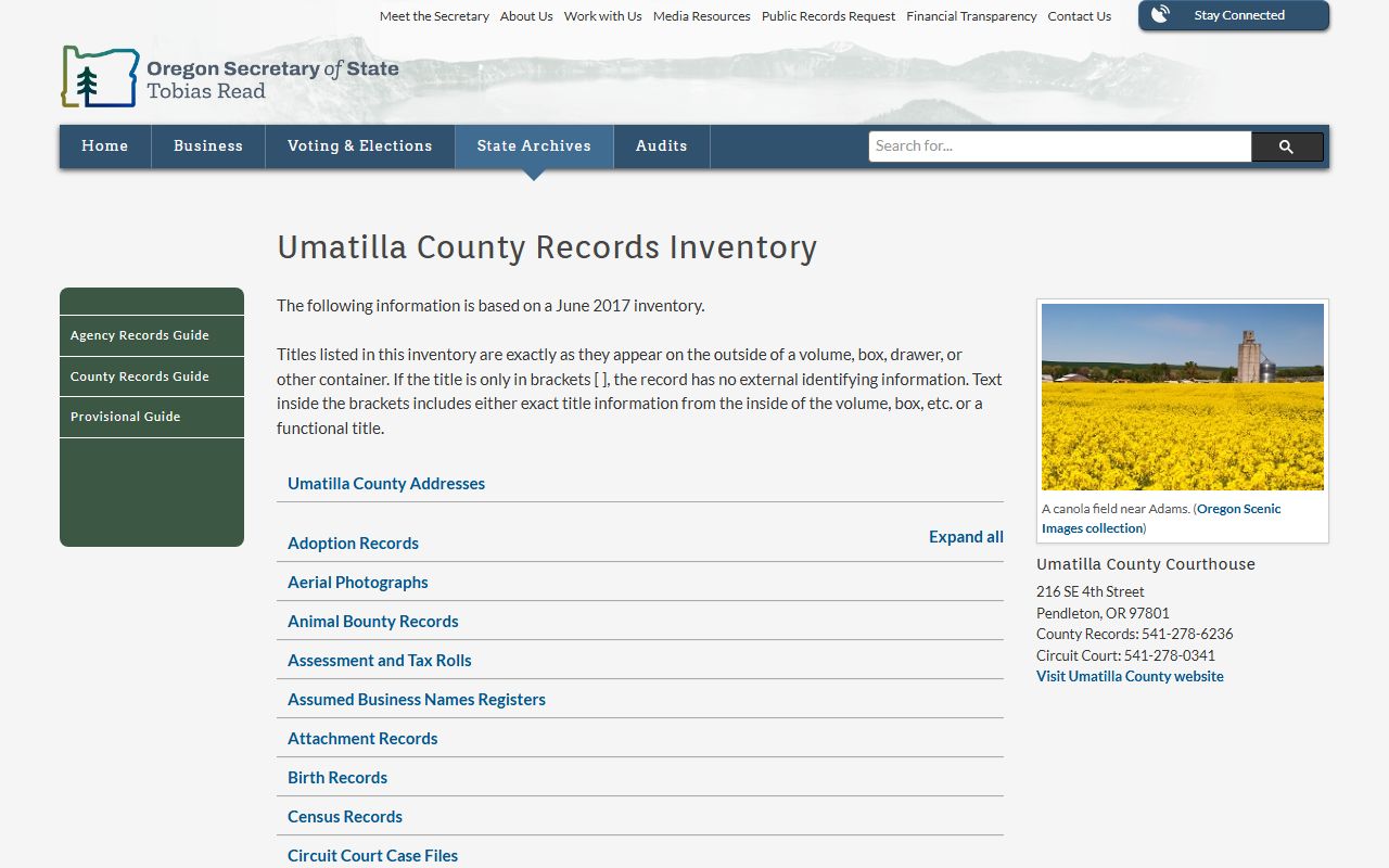 Umatilla County probate records Oregon State Archives inventory