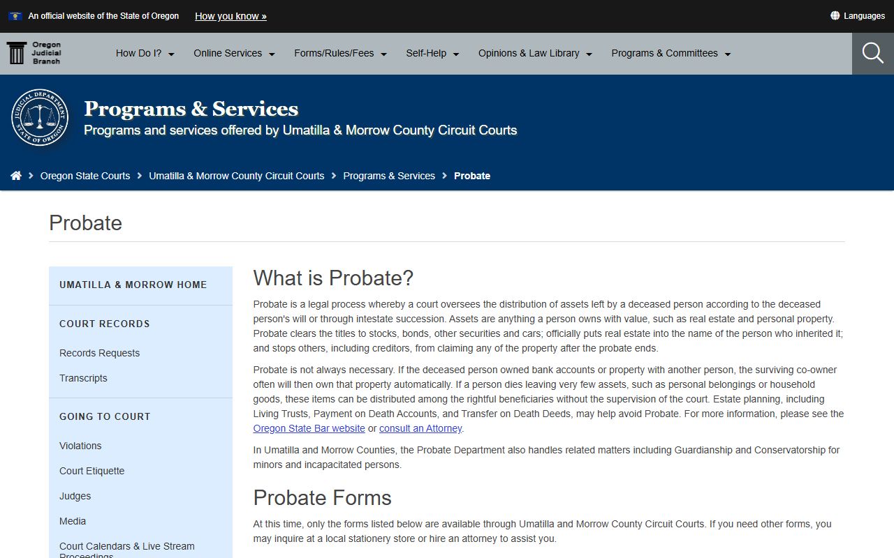 Umatilla County probate records Circuit Court probate page