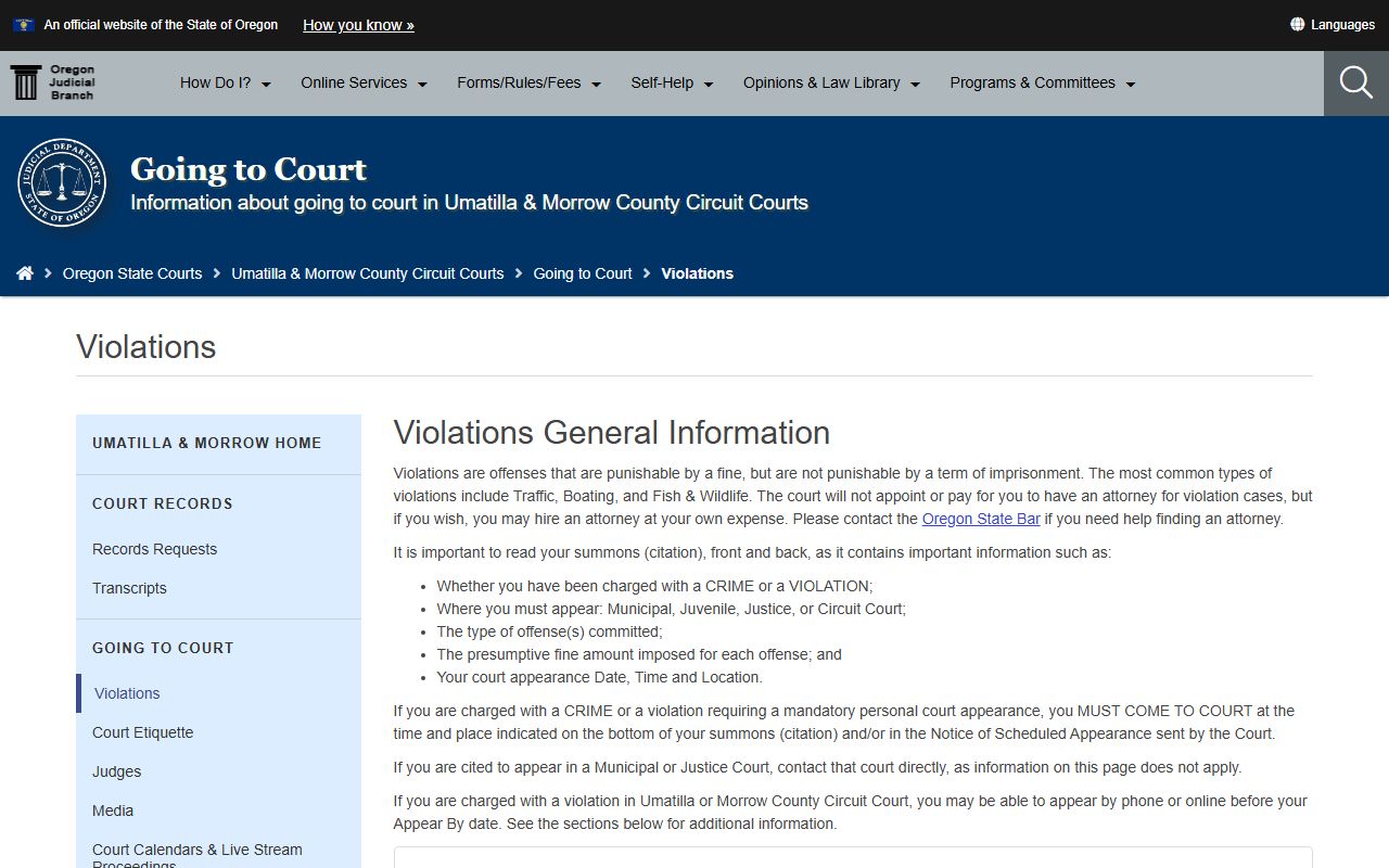 Umatilla County traffic court records Circuit Court violation options