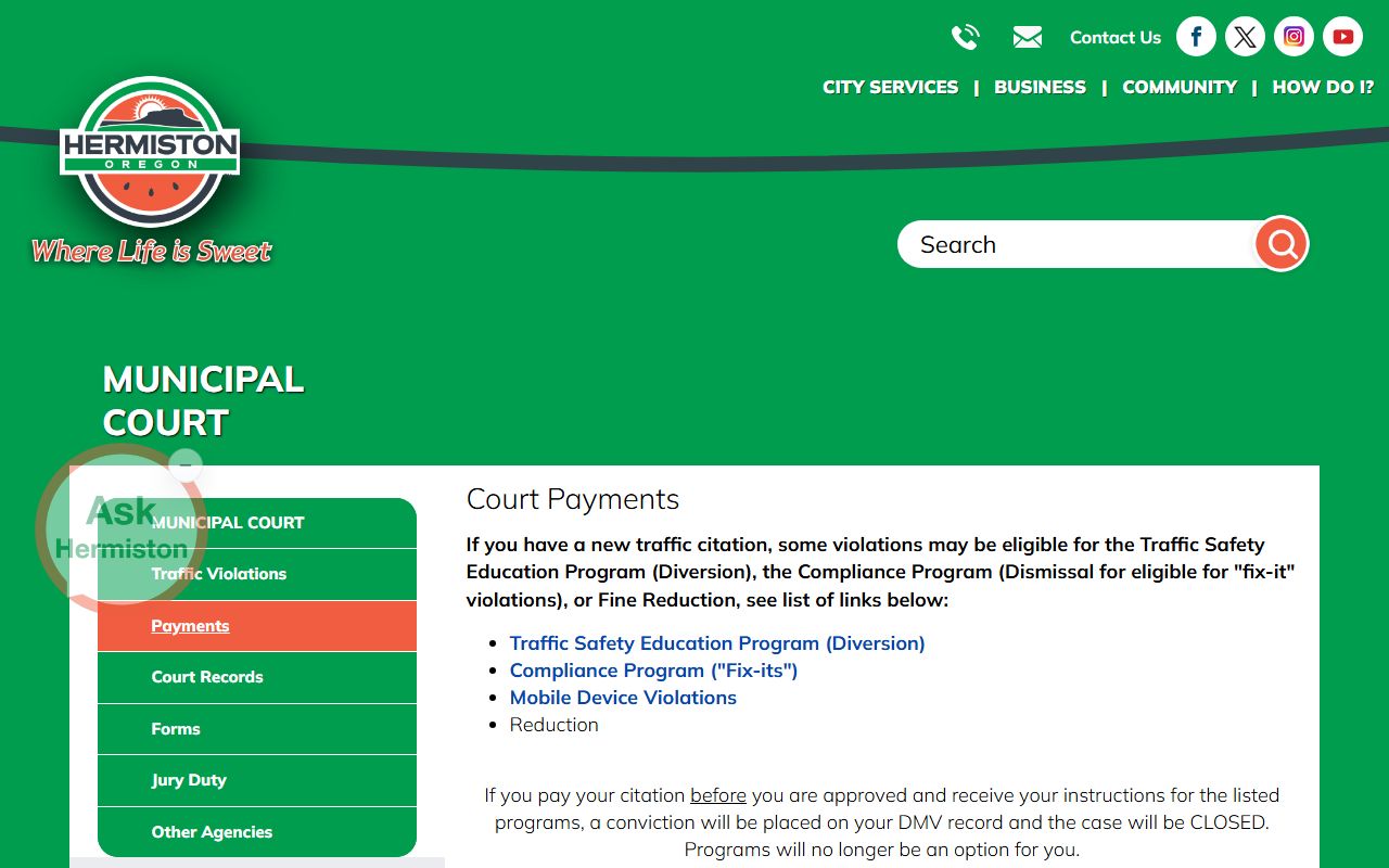 Umatilla County traffic court records Hermiston payment methods