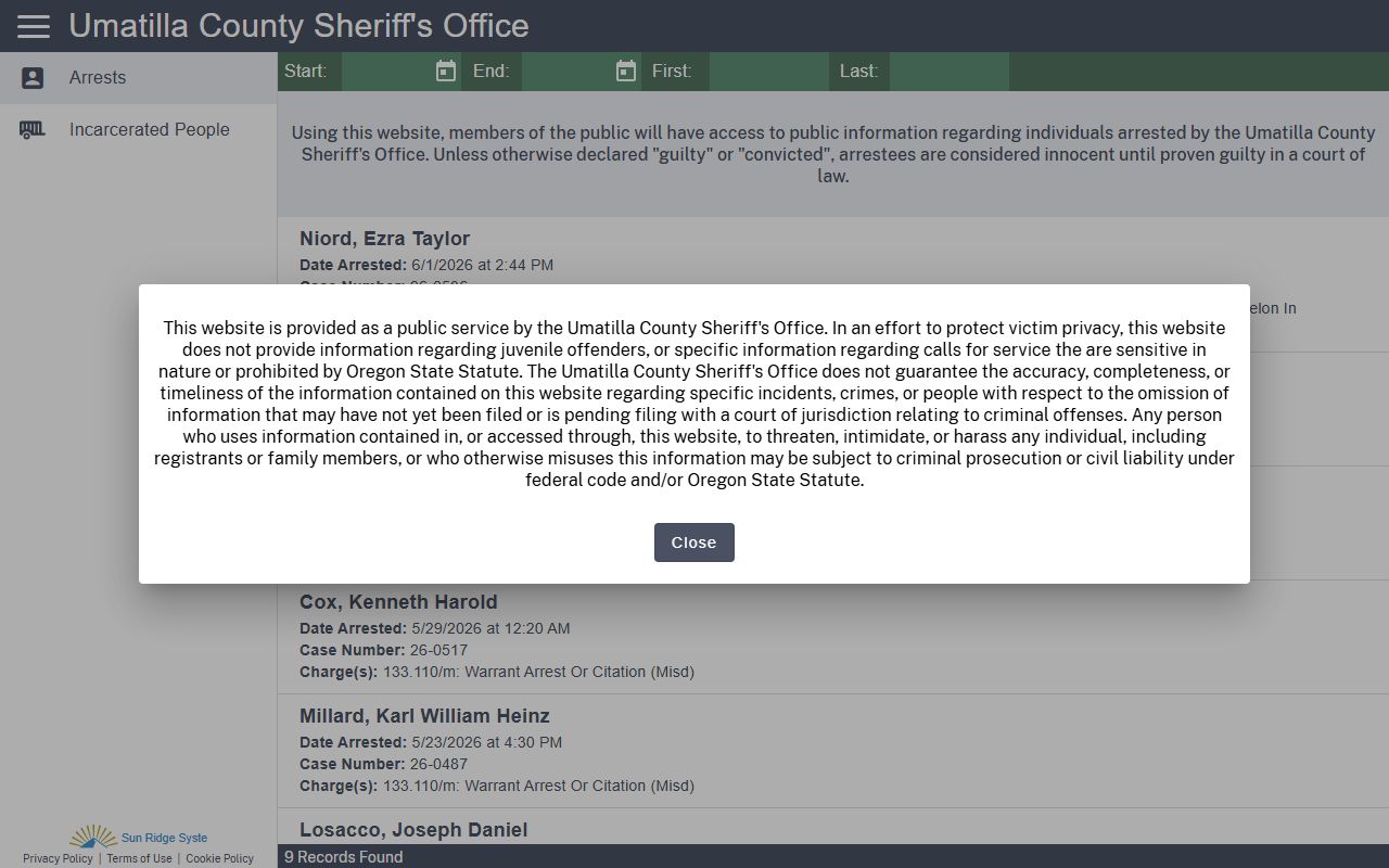 Umatilla County warrant search Citizen RIMS public app