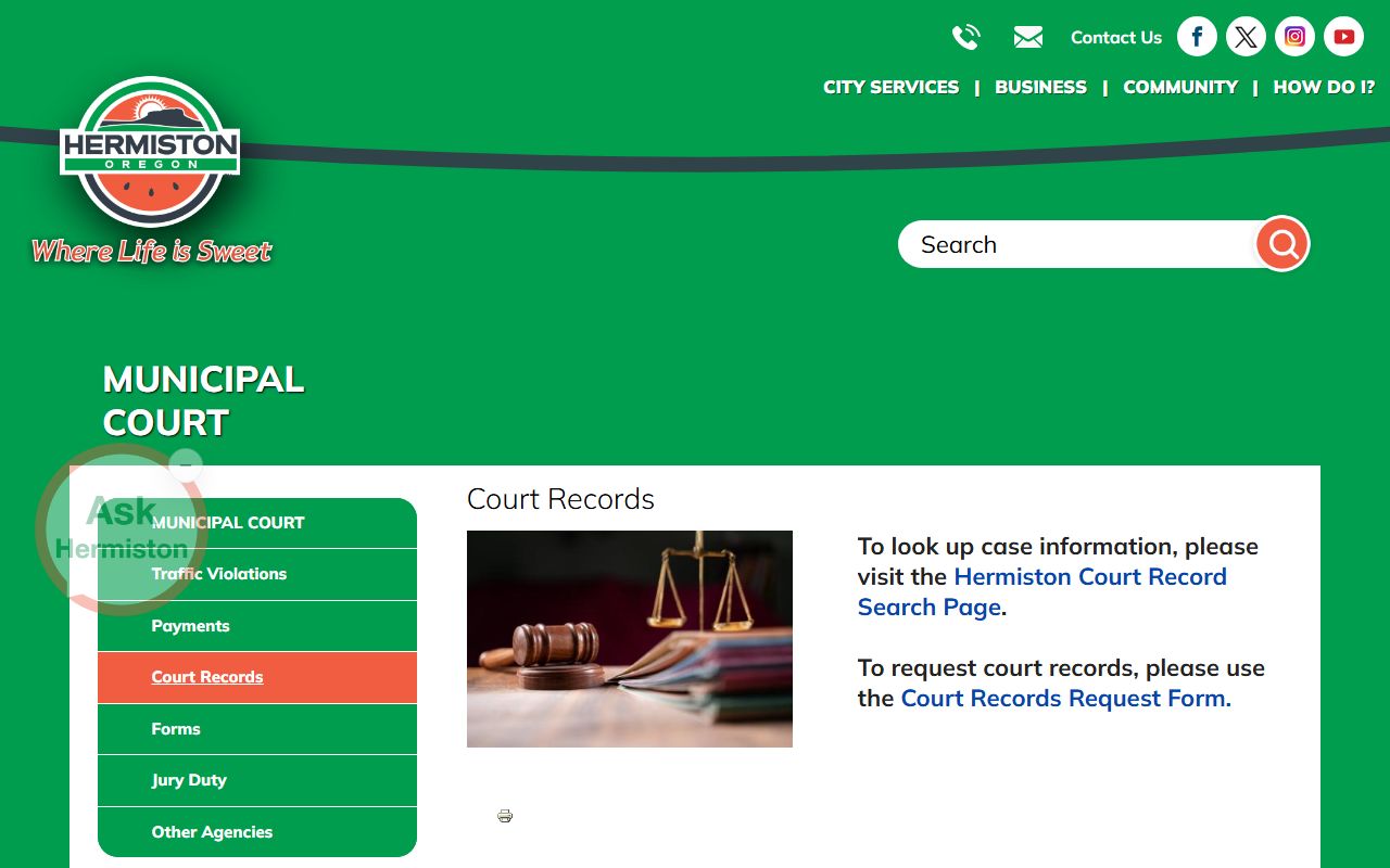 Umatilla County warrant search Hermiston Municipal Court records page